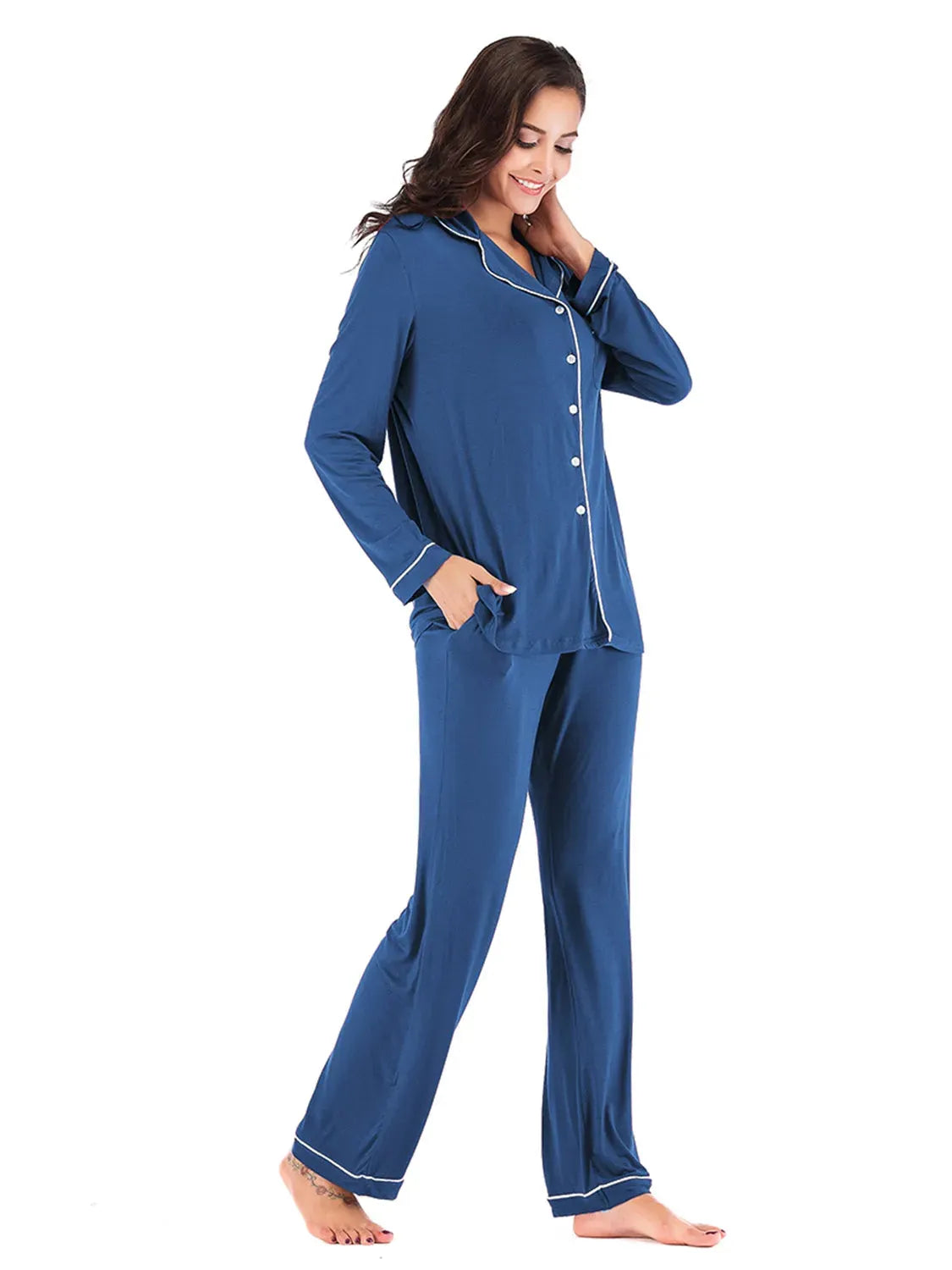 Collared Neck Long Sleeve Loungewear Set with Pockets Loungewear Sets - Tophatter Daily Deals