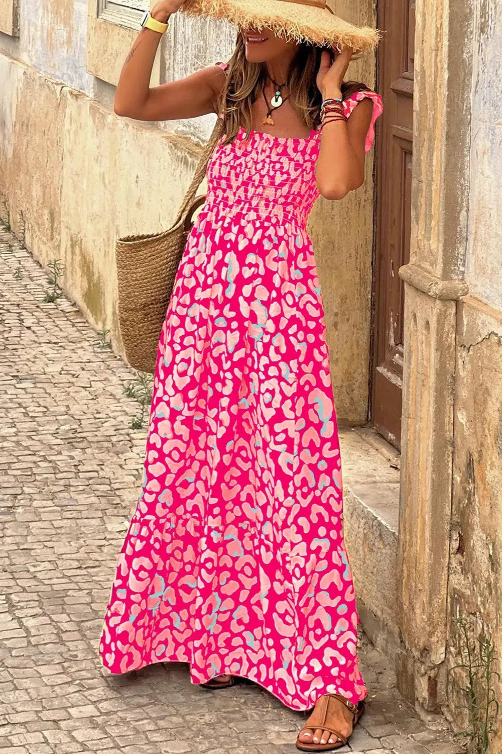 Ruffled Printed Wide Strap Dress Hot Pink Casual Dresses - Tophatter Daily Deals