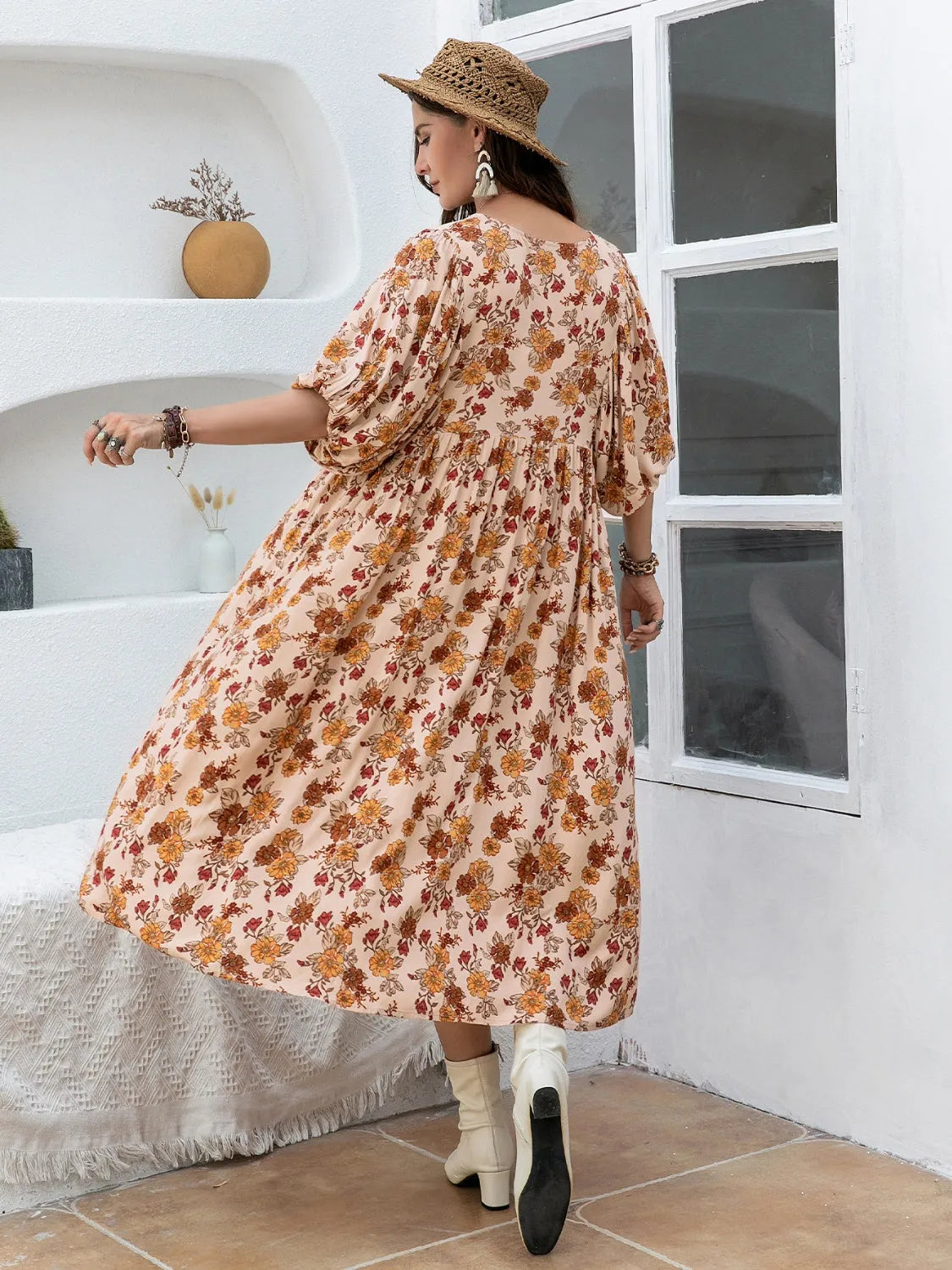 Plus Size Printed Tie Neck Half Sleeve Midi Dress Casual Dresses - Tophatter Daily Deals