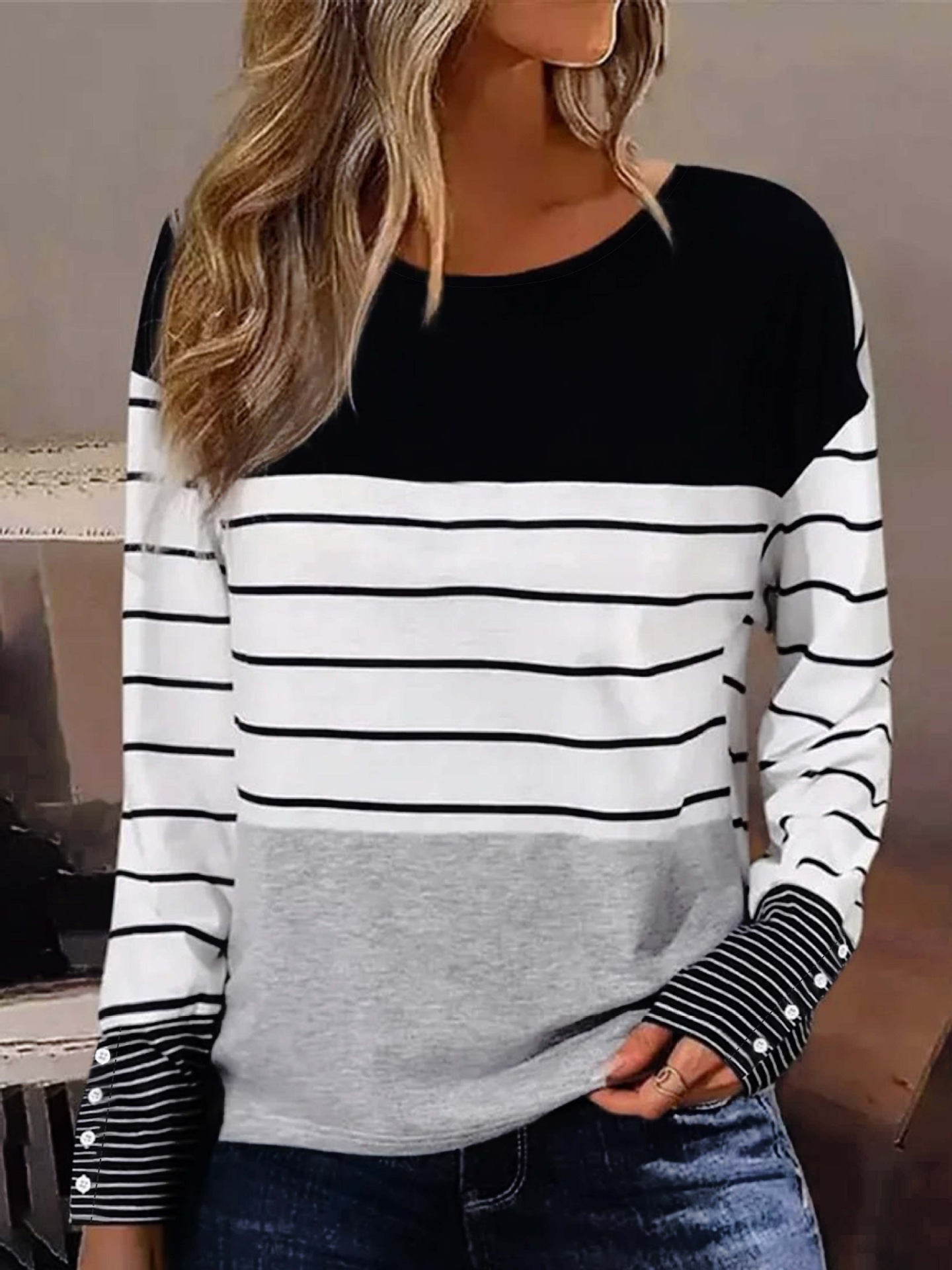 Soft Cozy Women Long Sleeve Top - Colorblock Striped 3D Changing Face Moving Picture Frame - Tophatter Daily Deals