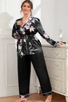 Plus Size Floral Belted Robe and Pants Pajama Set Black Loungewear Sets - Tophatter Daily Deals