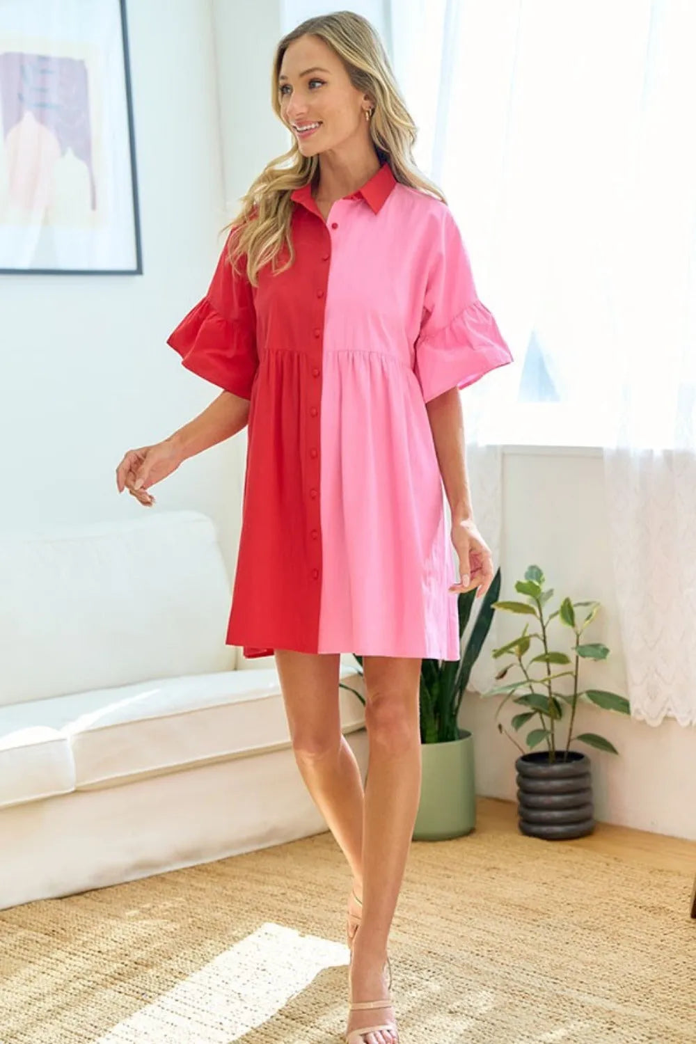 First Love Full Size Color Blocked Button Down Babydoll Dress Casual Dresses - Tophatter Daily Deals