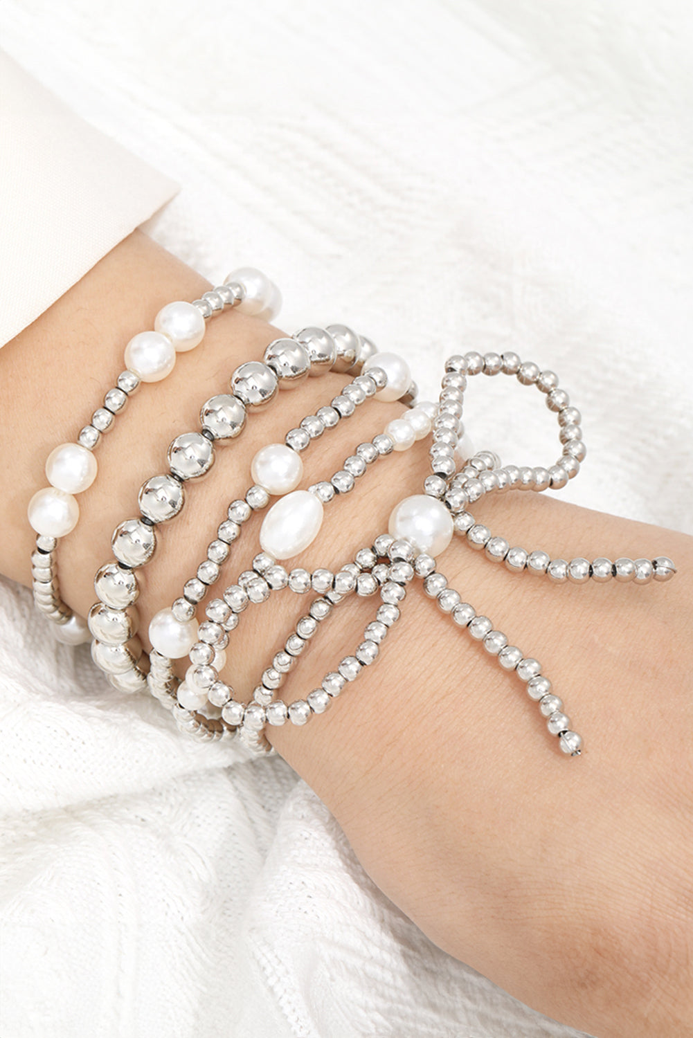 Silvery Bow Knot Pearl Beaded Multi Layered Bracelet Set Bracelets - Tophatter Daily Deals