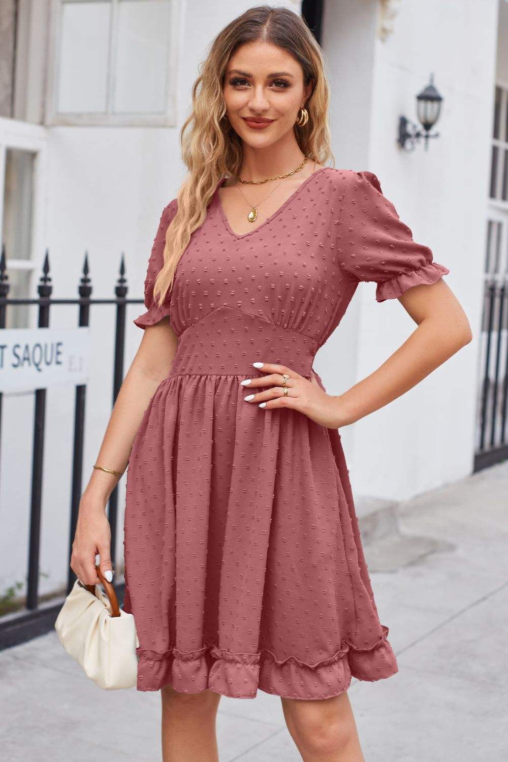 Swiss Dot Frill Trim Flounce Sleeve V-Neck Dress Light Mauve Casual Dresses - Tophatter Daily Deals