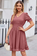 Swiss Dot Frill Trim Flounce Sleeve V-Neck Dress Light Mauve Casual Dresses - Tophatter Daily Deals