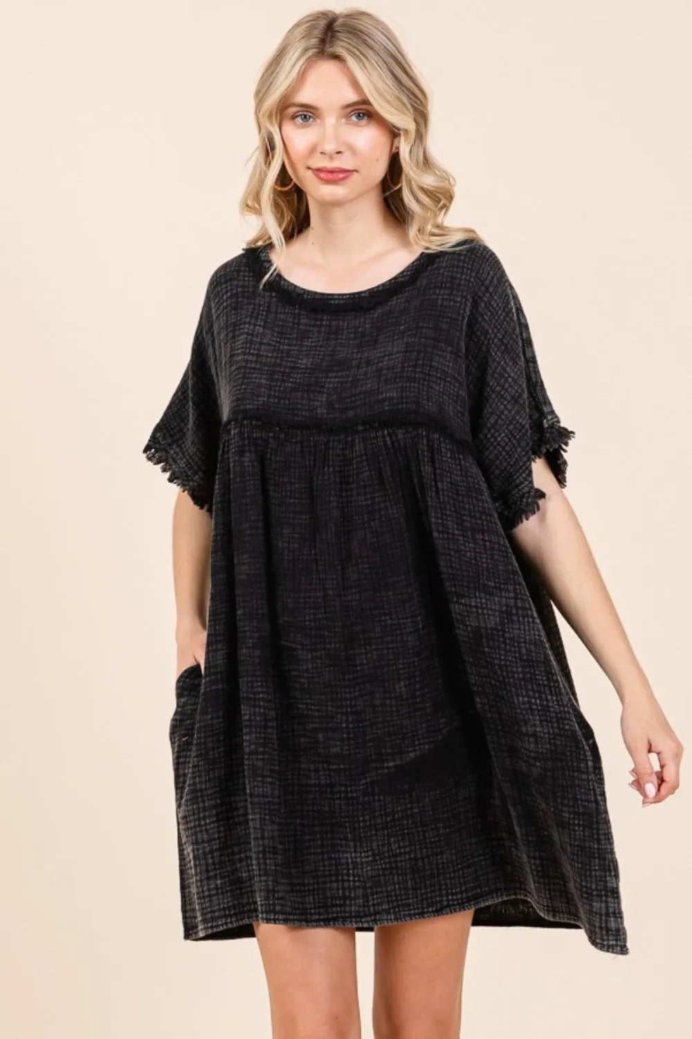 Culture Code Full Size Short Sleeve Babydoll Texture Dress with Pockets Black Casual Dresses - Tophatter Daily Deals