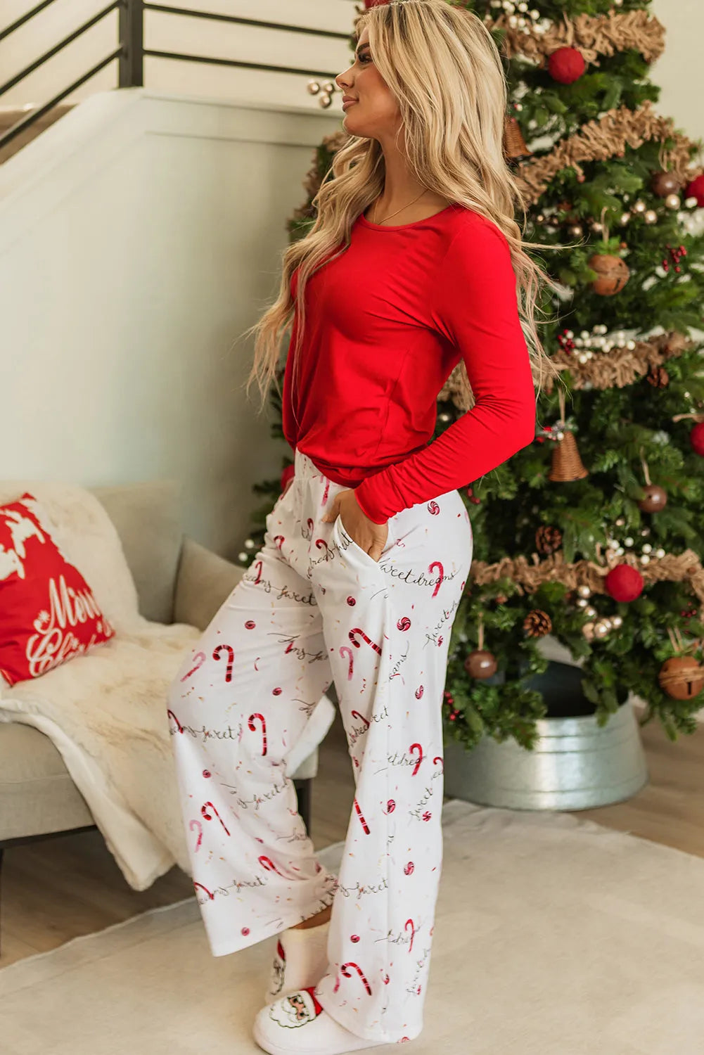 Red Solid Top and Christmas Pants Two Piece Lounge Set Loungewear & Sleepwear/Loungewear - Tophatter Daily Deals