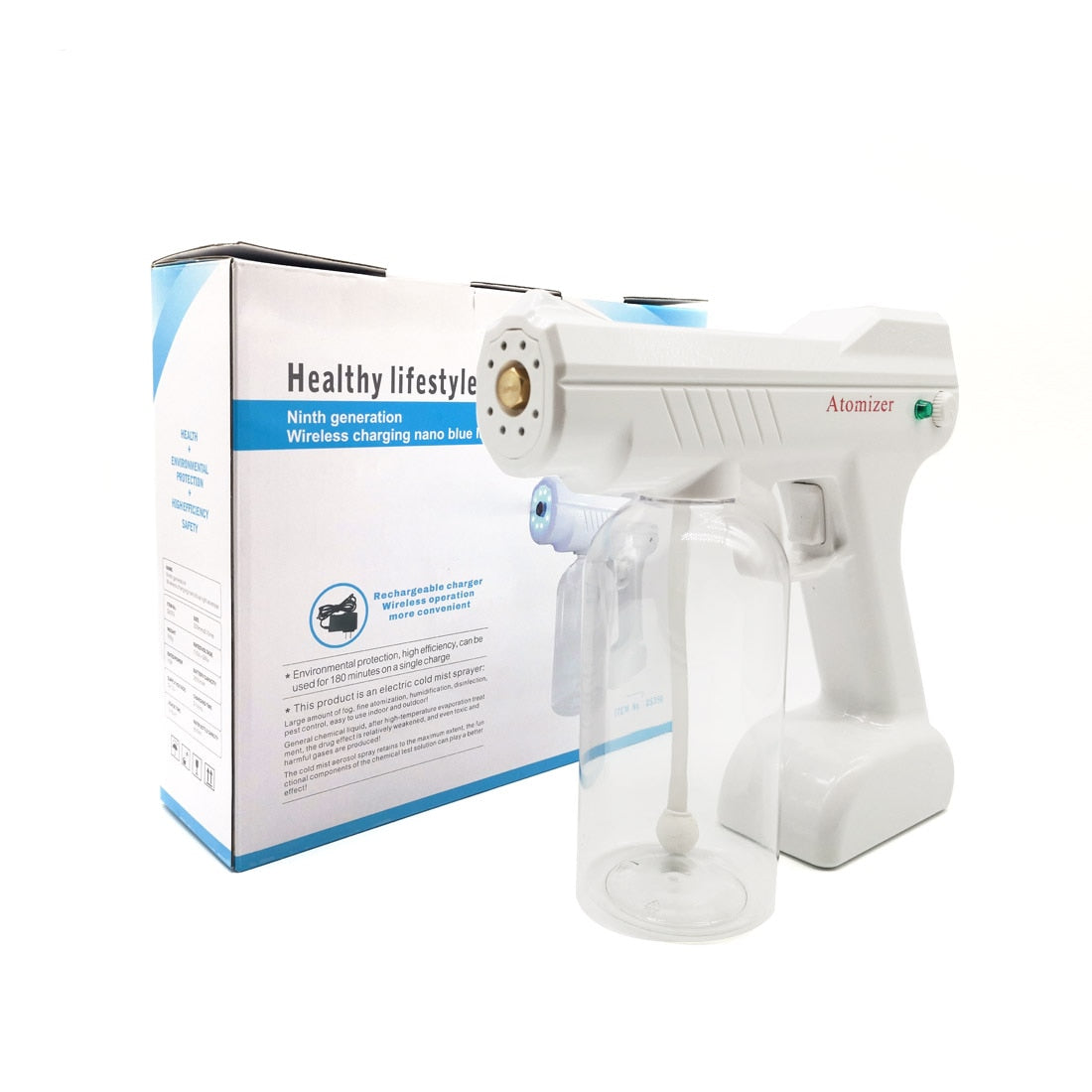 Blue Light Atomizing Spray Gun Handheld Wireless Atomizing Fogger Disinfection Sprayer Nano Sprayer Household Supplies White 0 - Tophatter Daily Deals