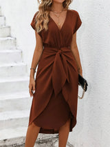 Tied Surplice Short Sleeve Dress Chocolate Casual Dresses - Tophatter Daily Deals