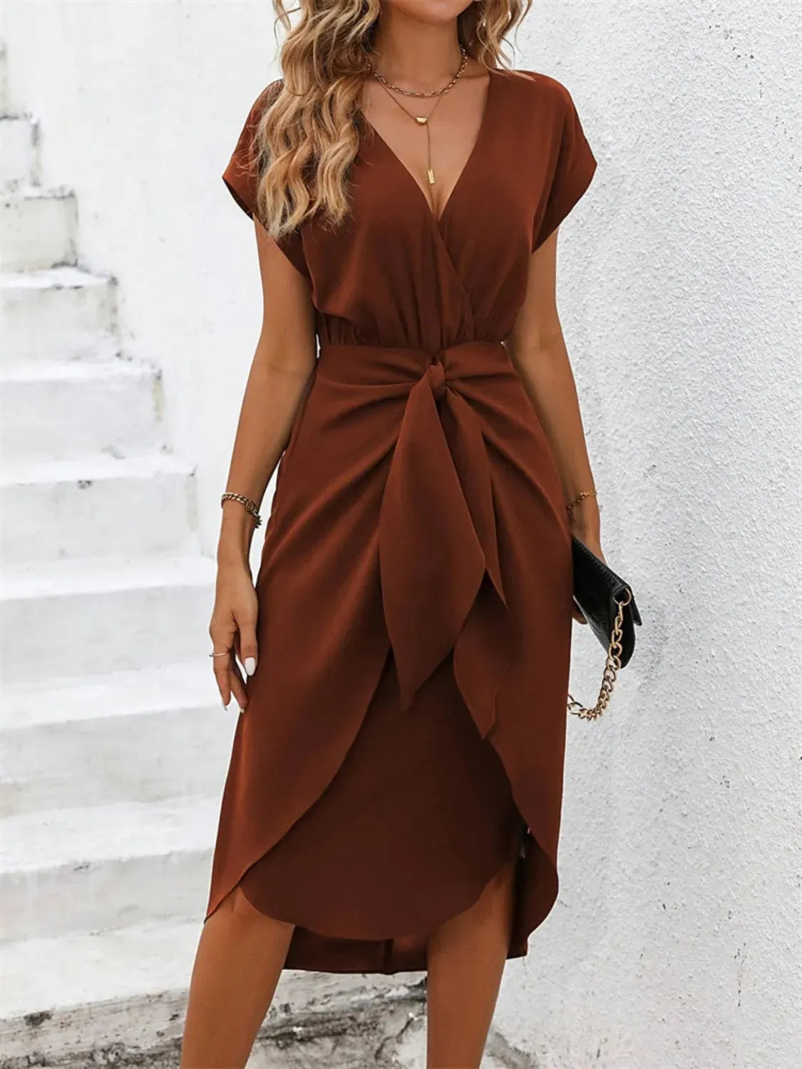 Tied Surplice Short Sleeve Dress Chocolate Casual Dresses - Tophatter Daily Deals