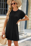 Heathered Round Neck Short Sleeve Dress Black Casual Dresses - Tophatter Daily Deals