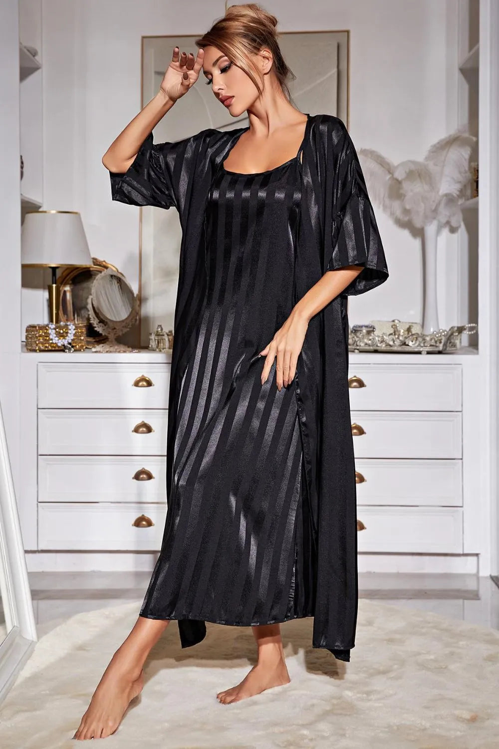 Striped Flounce Sleeve Open Front Robe and Cami Dress Set Loungewear Sets - Tophatter Daily Deals