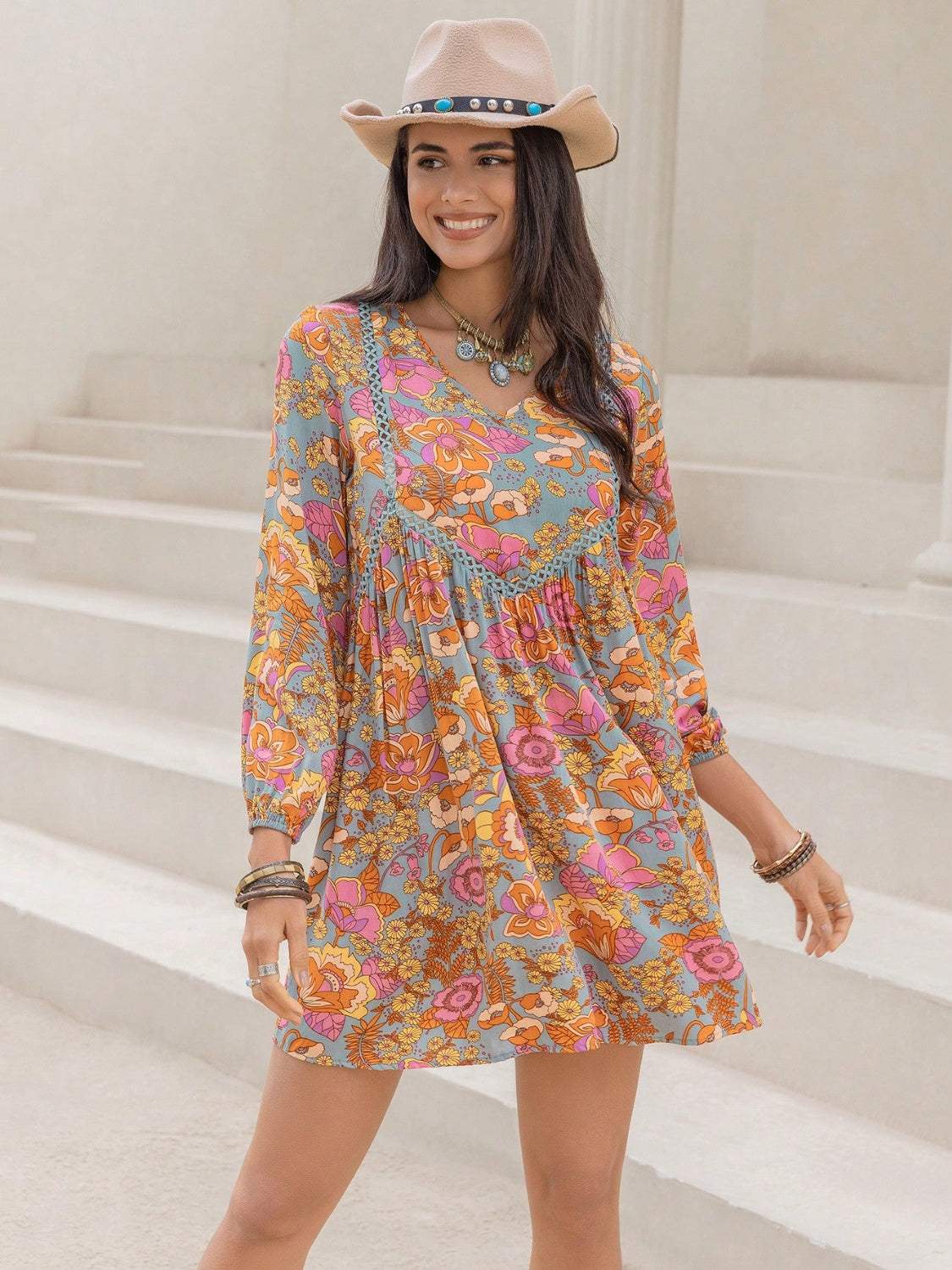 Printed V-Neck Balloon Sleeve Mini Dress Multicolor Casual Dresses - Tophatter Daily Deals