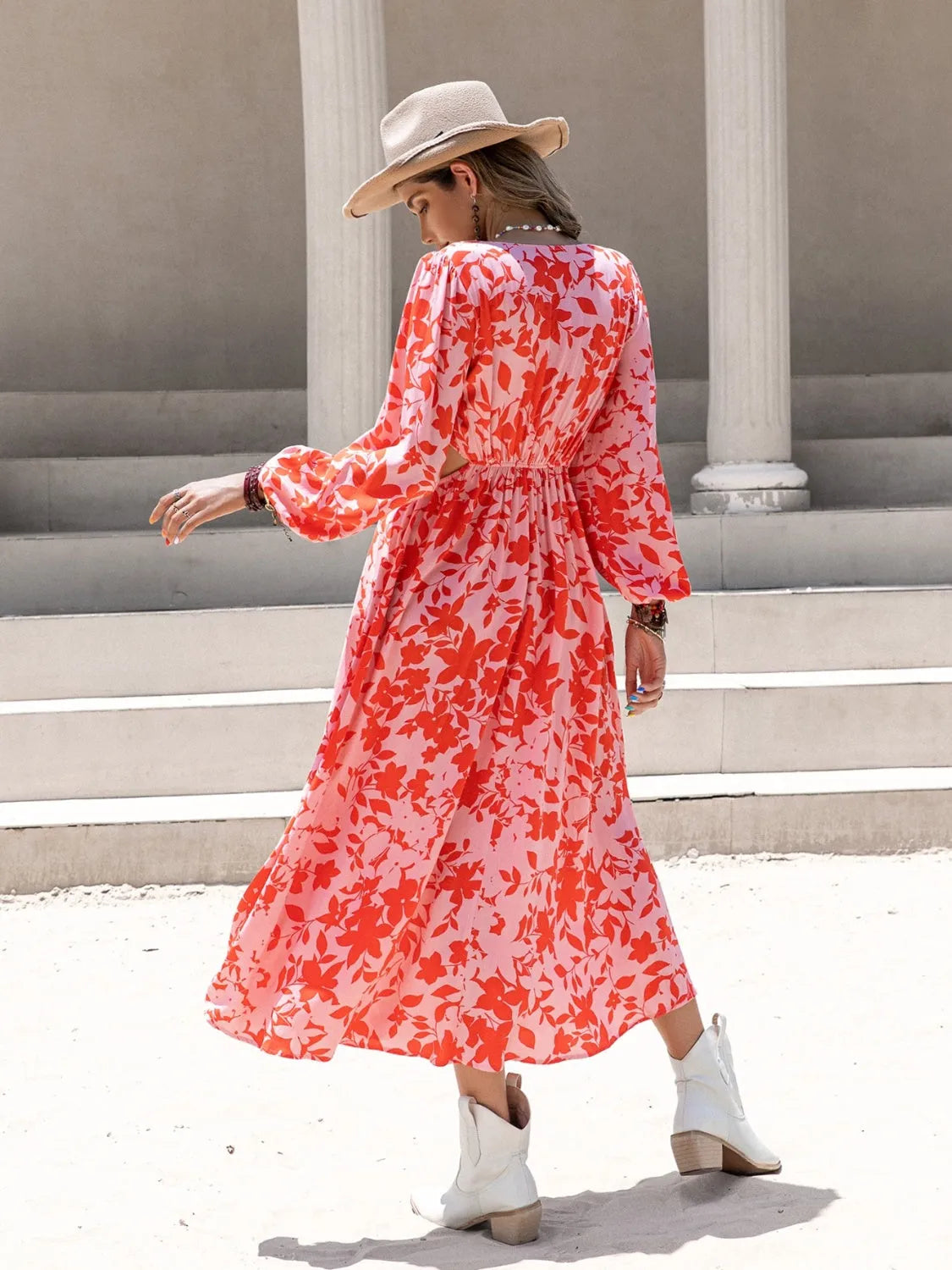 Tied Cutout Printed Long Sleeve Midi Dress Casual Dresses - Tophatter Daily Deals