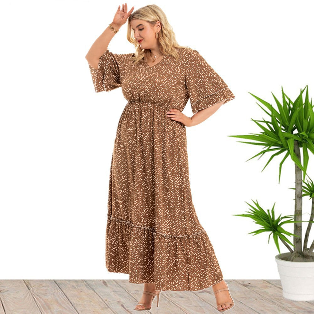Bohemian Plus Size Women's Fashion Polka Dot Dress Women Brown 0 - Tophatter Daily Deals