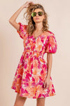 BiBi Floral V-Neck Puff Sleeve Mini Dress Casual Dresses - Tophatter Daily Deals