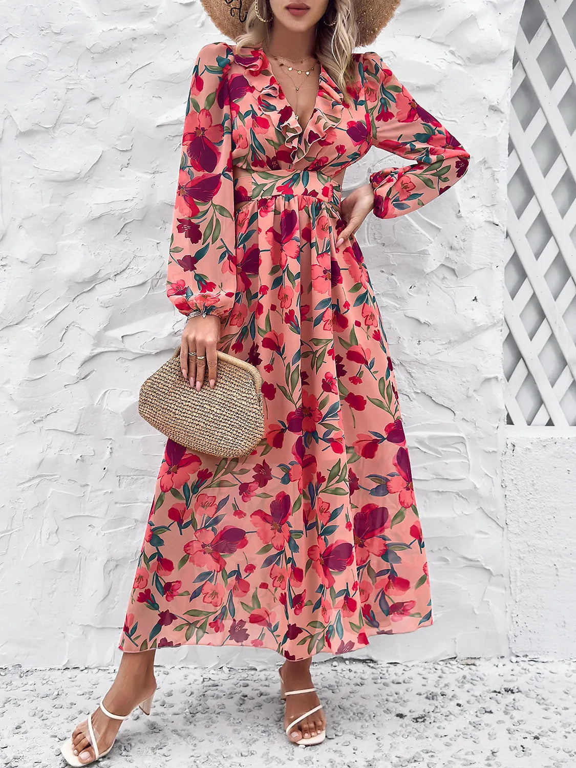 Cutout Printed V-Neck Balloon Sleeve Dress Casual Dresses - Tophatter Daily Deals