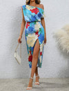 Slit Printed Single Shoulder Dress Casual Dresses - Tophatter Daily Deals