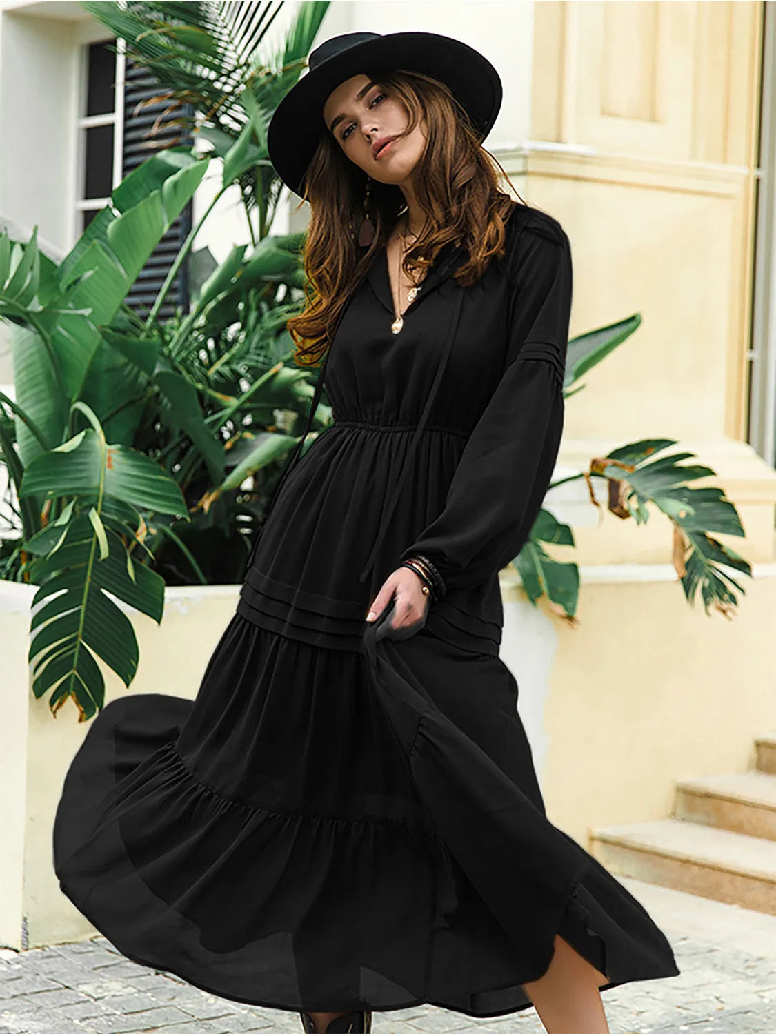 Tie Neck Long Sleeve Midi Tiered Dress Black Casual Dresses - Tophatter Daily Deals