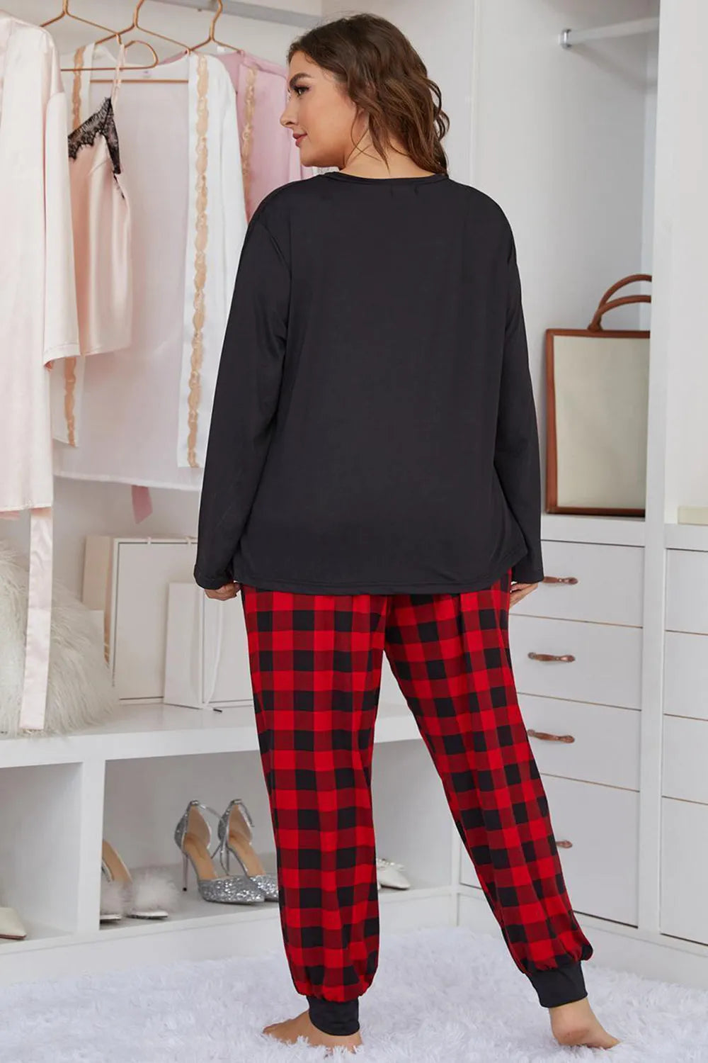 Plus Size Heart Graphic Top and Plaid Joggers Lounge Set Loungewear Sets - Tophatter Daily Deals