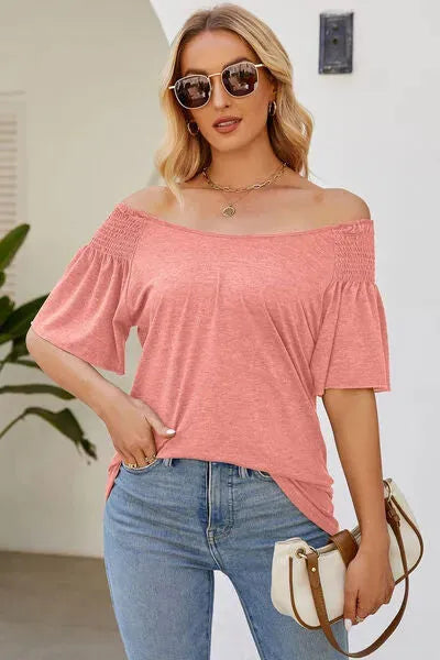 Smocked Round Neck Flutter Sleeve T-Shirt Peach Women's T-Shirts - Tophatter Daily Deals