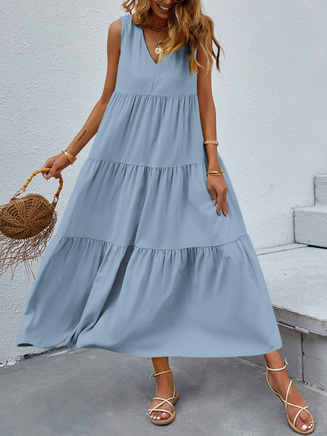 Tiered V-Neck Sleeve Dress Misty Blue Casual Dresses - Tophatter Daily Deals