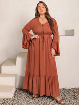 Plus Size V-Neck Flare Sleeve Maxi Dress Rust Casual Dresses - Tophatter Daily Deals