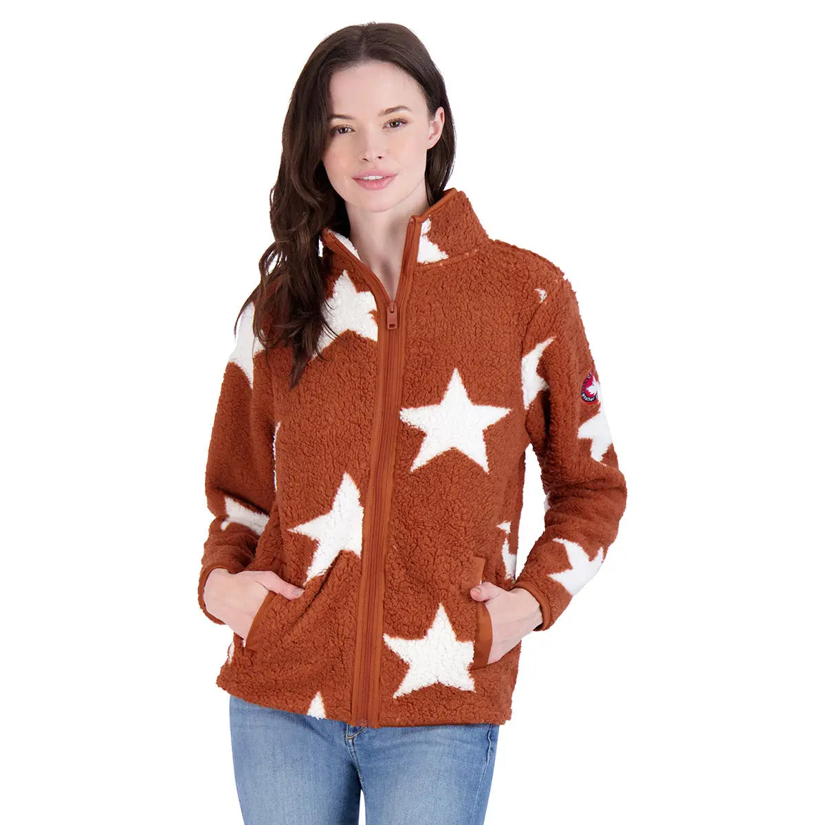 Canada Weather Gear Women's Full Zip Printed Sherpa Jacket Rust White Star Full Zip - Tophatter Daily Deals