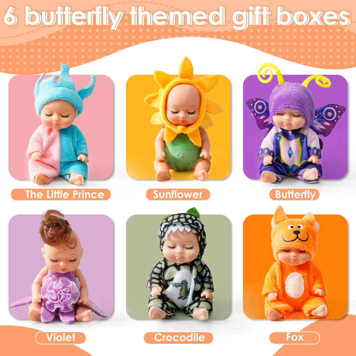 6-Piece Mini Baby Doll Set with Butterfly and Flower Outfits, 4 Inch Doll - Tophatter Daily Deals
