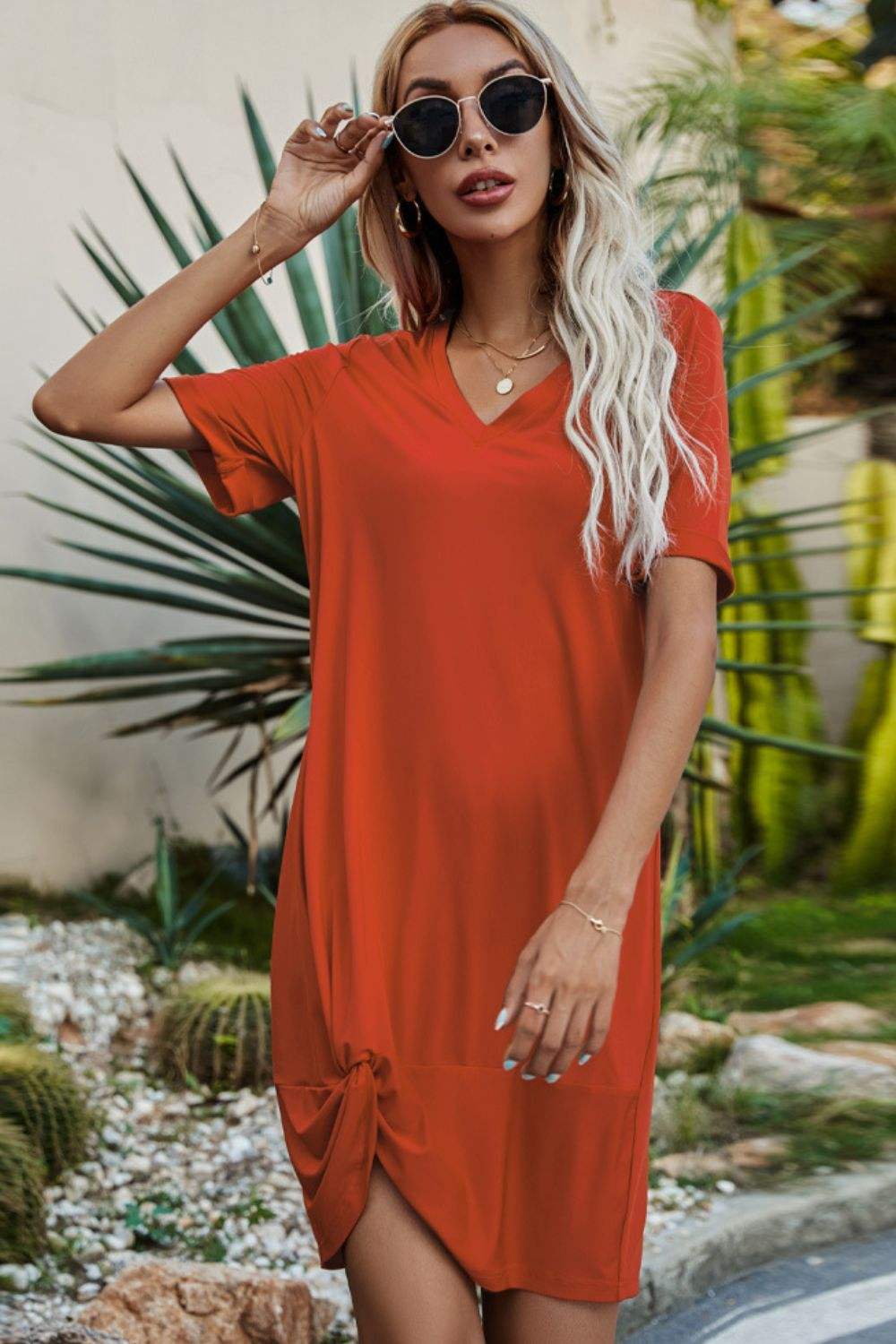 Twisted V-Neck Short Sleeve Dress Terracotta Casual Dresses - Tophatter Daily Deals