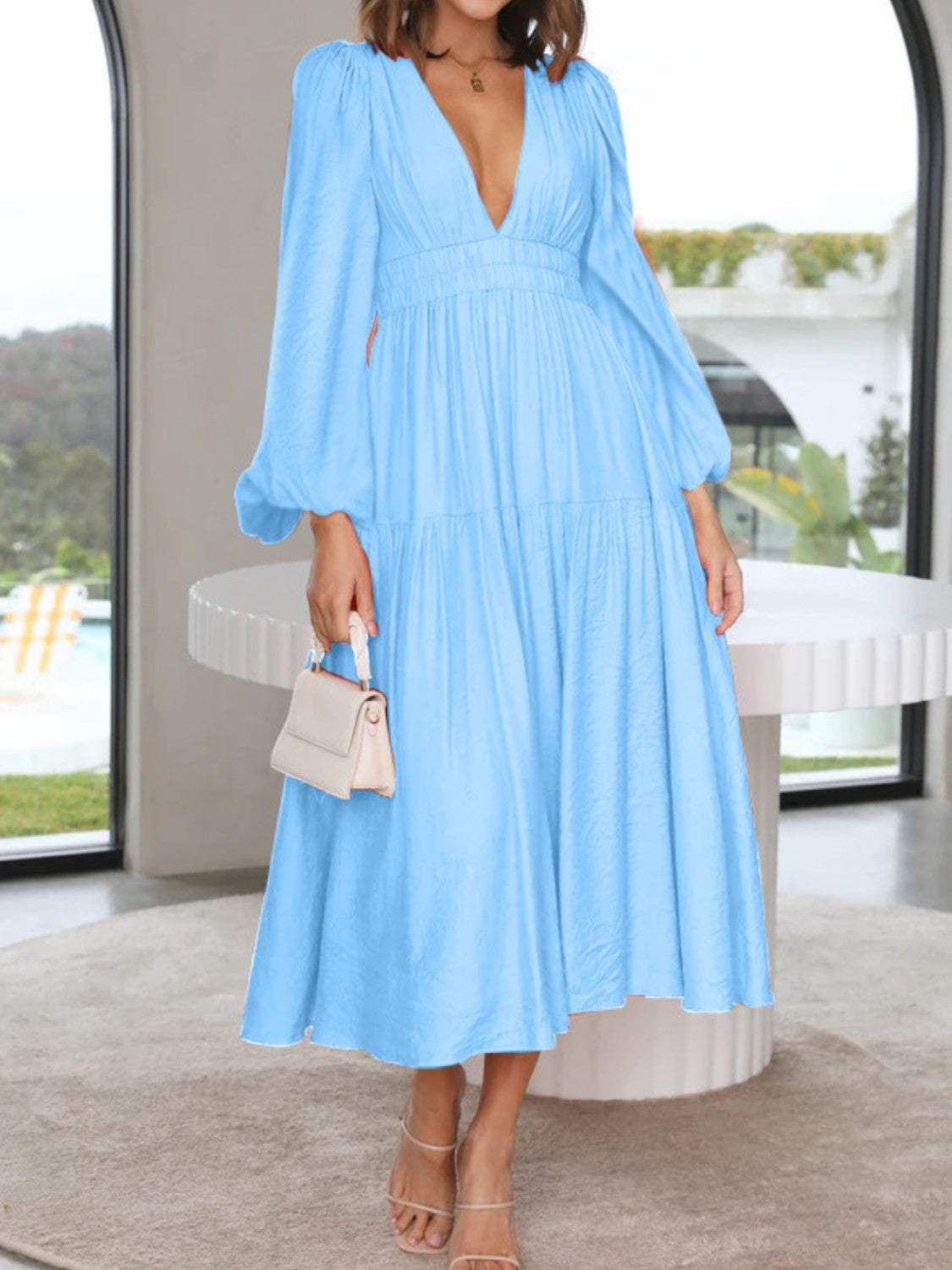 Deep V-Neck Balloon Sleeve Plain Maxi Dress Casual Dresses - Tophatter Daily Deals