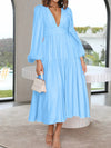 Deep V-Neck Balloon Sleeve Plain Maxi Dress Pastel Blue Casual Dresses - Tophatter Daily Deals