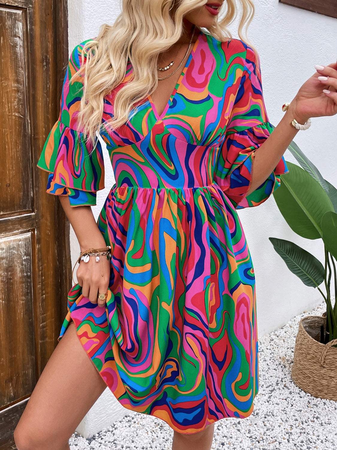 Ruffled Printed V-Neck Half Sleeve Mini Dress Casual Dresses - Tophatter Daily Deals