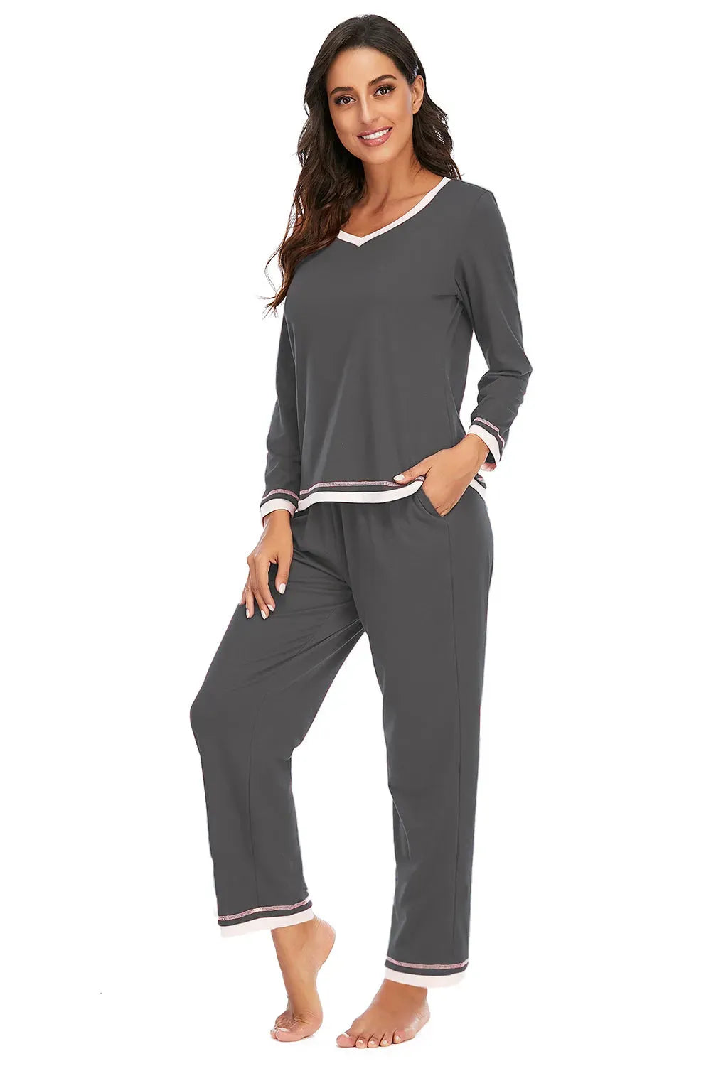V-Neck Top and Pants Lounge Set Loungewear Sets - Tophatter Daily Deals