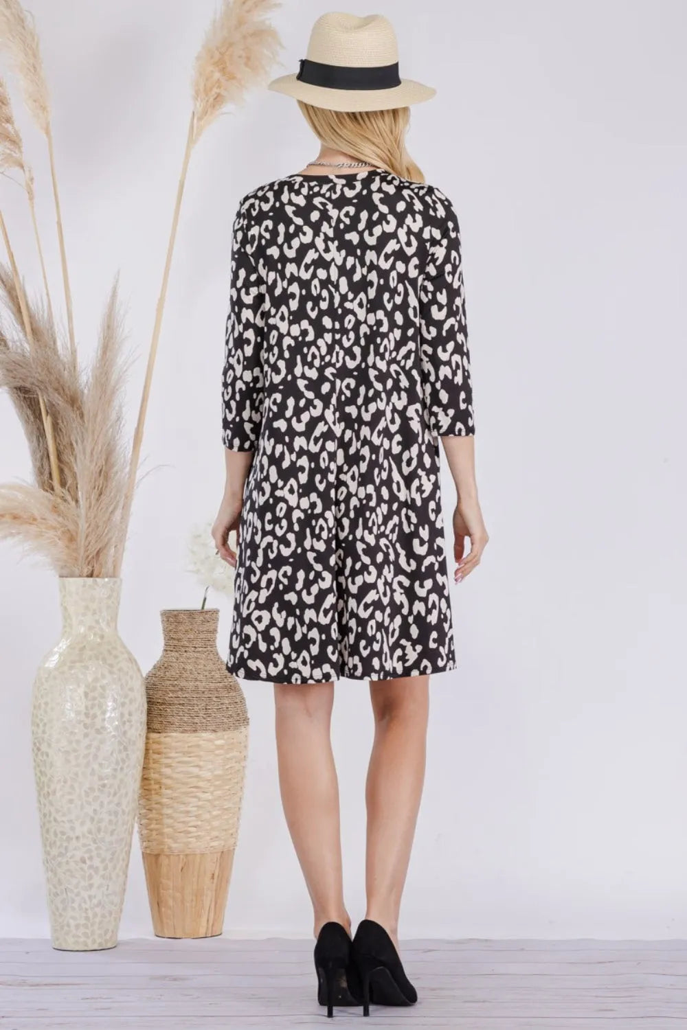 Celeste Full Size Leopard Three-Quarter Sleeve Dress with Pockets Casual Dresses - Tophatter Daily Deals