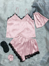 Lace Trim Cami, Shorts, Eye Mask, Scrunchie, and Bag Pajama Set Loungewear Sets - Tophatter Daily Deals