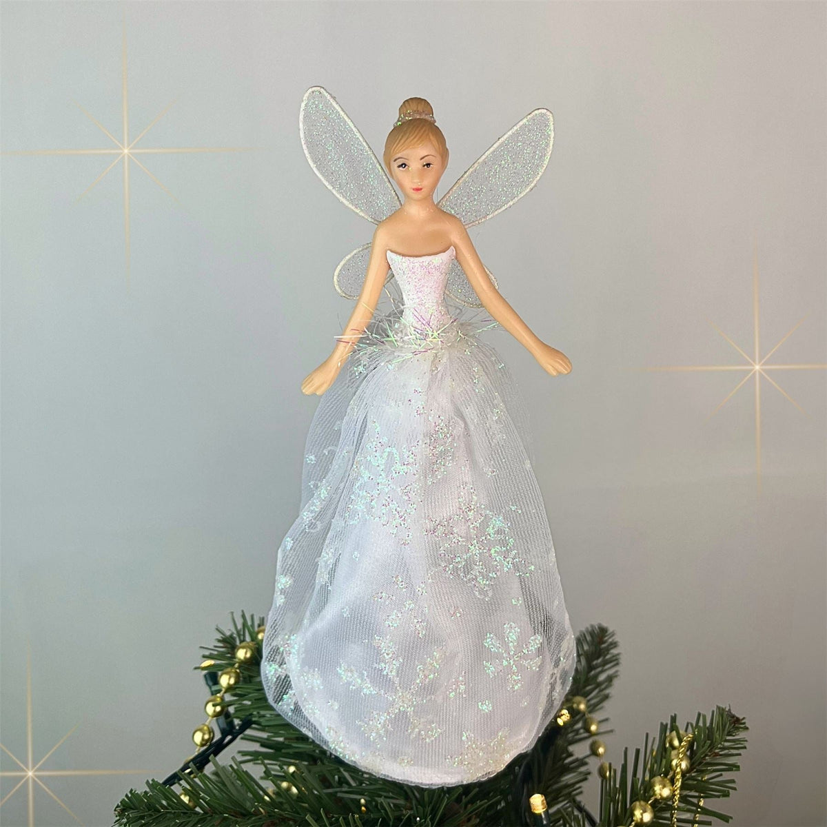 White Angel Christmas Tree Topper | Iridescent Fairy Angel Tree Ornament - 19cm Tree Decoration - Tophatter Daily Deals
