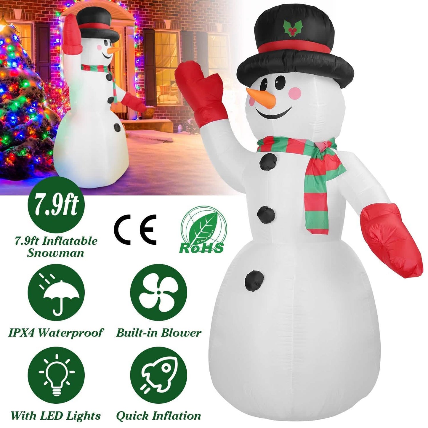 7.9ft Christmas Inflatable Giant Snowman Blow Up with LED Lights Hat Scarf Seasonal Decor - Tophatter Daily Deals