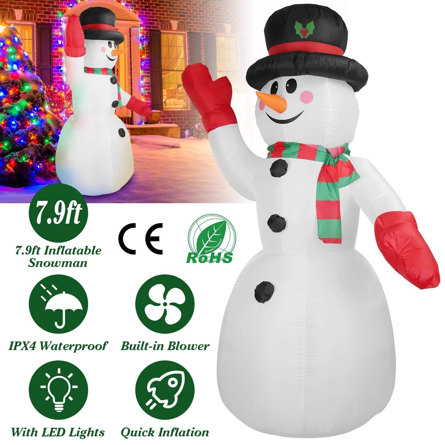 7.9ft Christmas Inflatable Giant Snowman Blow Up with LED Lights Hat Scarf Seasonal Decor - Tophatter Daily Deals