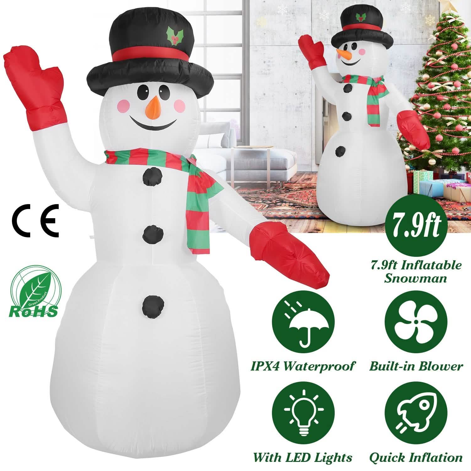 7.9ft Christmas Inflatable Giant Snowman Blow Up with LED Lights Hat Scarf Seasonal Decor - Tophatter Daily Deals