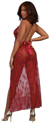 Garnet Lace Gown with Satin Tie Waist and Coordinating G-String (Small) – Delicate Long Lingerie Gown Set > Clothes > Dresses and Chemises - Tophatter Daily Deals