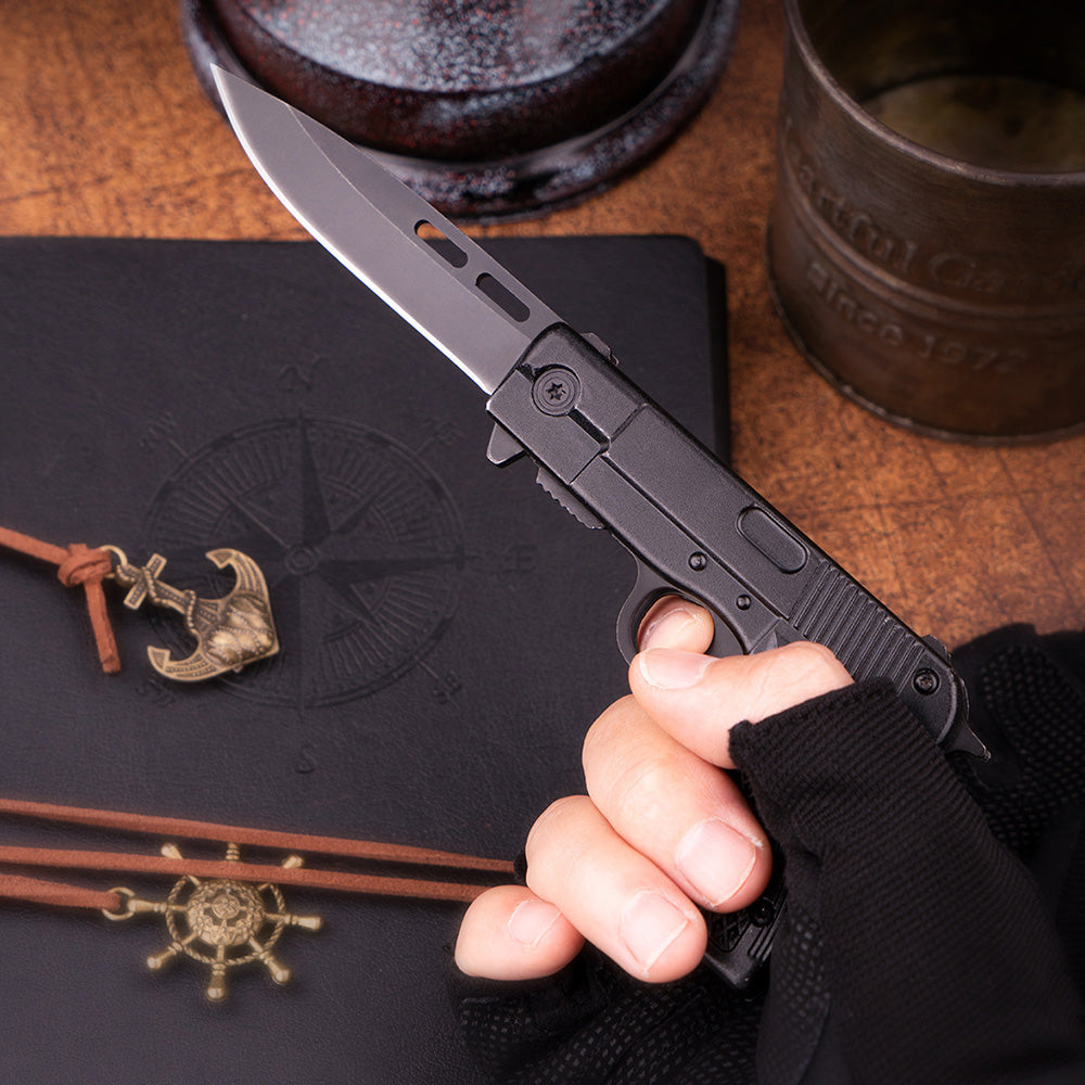 7" Tactical Pistol Replica Gun Spring OPEN Assisted Grey Pocket Knife - Tophatter Daily Deals