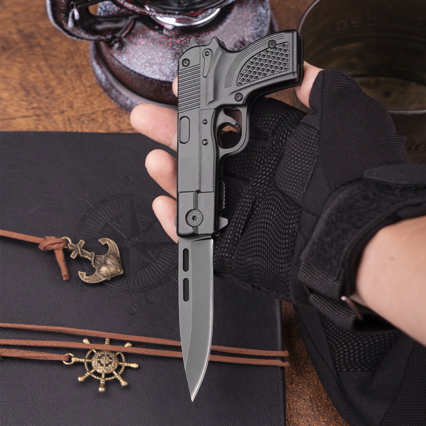 7" Tactical Pistol Replica Gun Spring OPEN Assisted Grey Pocket Knife - Tophatter Daily Deals