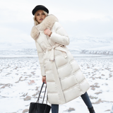 Insulating Women’s Puffer Coat - Quilted, Fur Trimmed White with beige collar - Tophatter Daily Deals