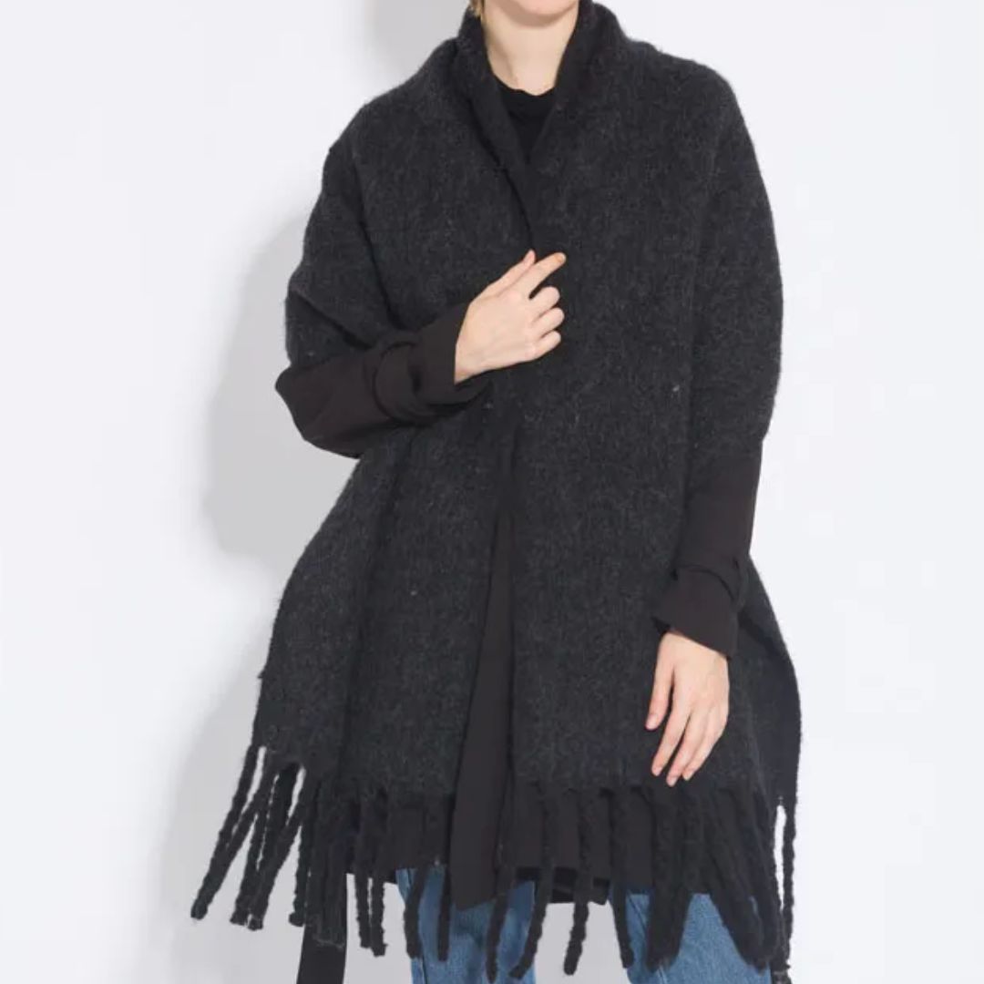Oversized Women Scarf - Long Fringed Fluffy Wool Winter BLACK - Tophatter Daily Deals