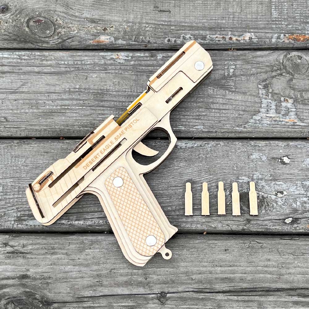 Assembled Wooden Rubber Band Gun Pistol Model Kit With Wooden bullets - Tophatter Daily Deals