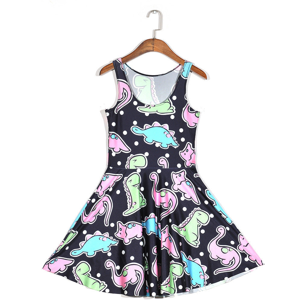 Black Cartoon Color Dinosaur Pleated Umbrella Skirt Black 0 - Tophatter Daily Deals