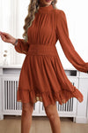 Frill Ruched Mock Neck Balloon Sleeve Dress Casual Dresses - Tophatter Daily Deals