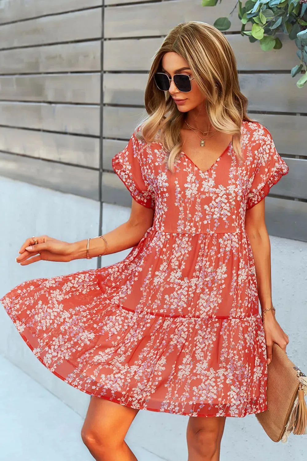 Printed V-Neck Short Sleeve Tiered Dress Casual Dresses - Tophatter Daily Deals