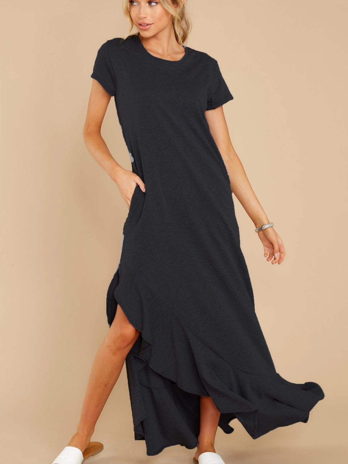 Slit Round Neck Short Sleeve Maxi Dress Casual Dresses - Tophatter Daily Deals